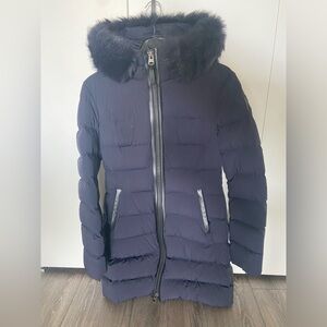 Mackage CALLA Agile-360 stretch light down coat with blue fox fur collar